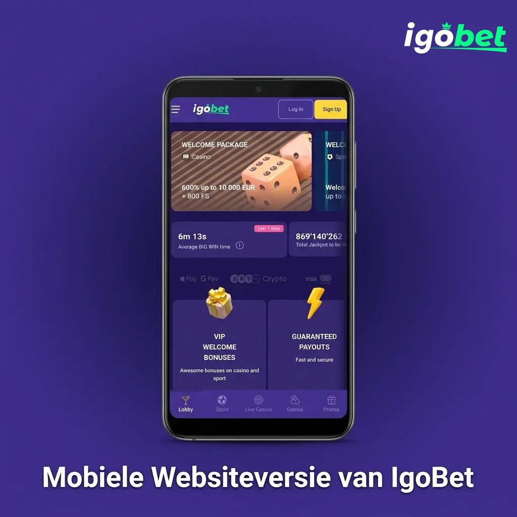 Mobiele website van IgoBet op smartphone, direct toegankelijk via browser zonder installatie voor weddenschappen en casino