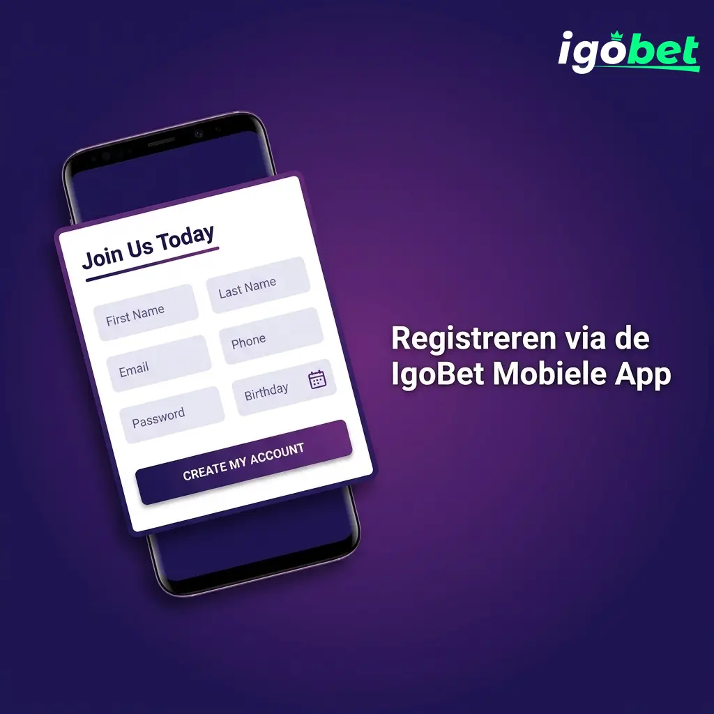 IgoBet mobiele app registratie op Android en iOS met opties via telefoon, e-mail, Google of one-click