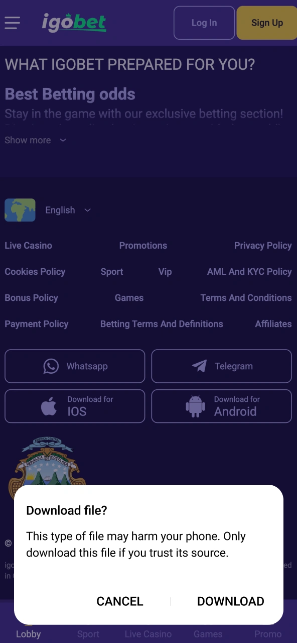IgoBet pop‑up akkoord toont browsermelding voor APK‑download.