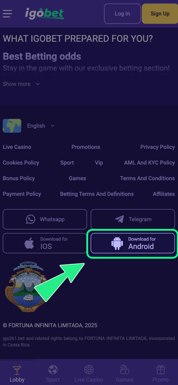 IgoBet Android download activeert de APK‑start direct.