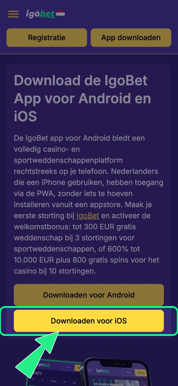 Download voor iOS IgoBet begint meteen met installeren.