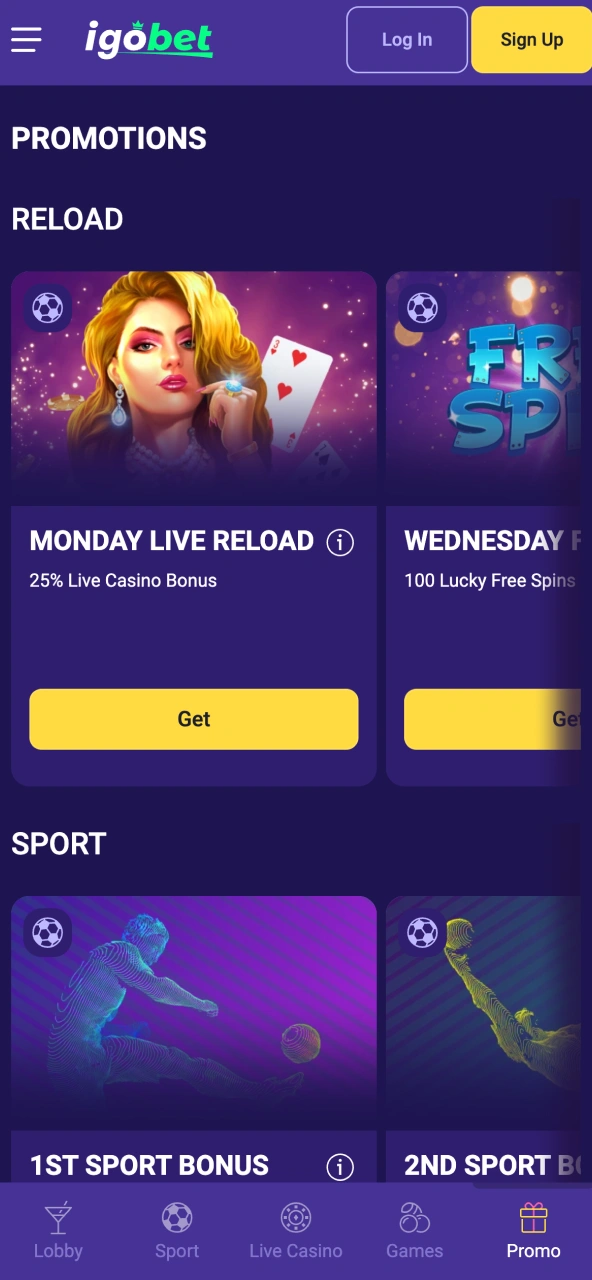 Bonuscentrum IgoBet toont mobiele promoties en beloningen.
