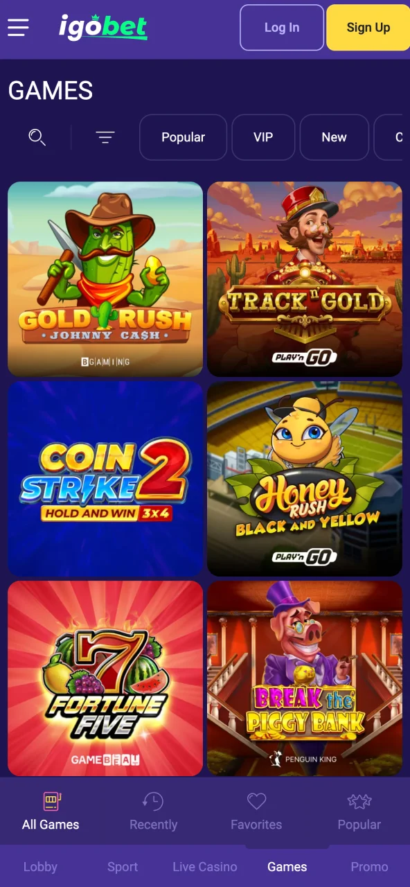 Casinosectie IgoBet toont mobiel spelaanbod met veel variatie.