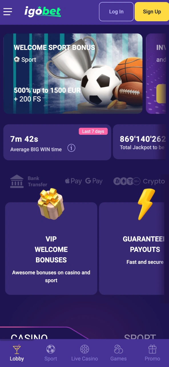 IgoBet appstart opent dashboard met snelle navigatie.