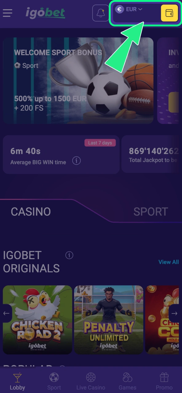 IgoBet kassaoverzicht opent na profielselectie en toont saldo.