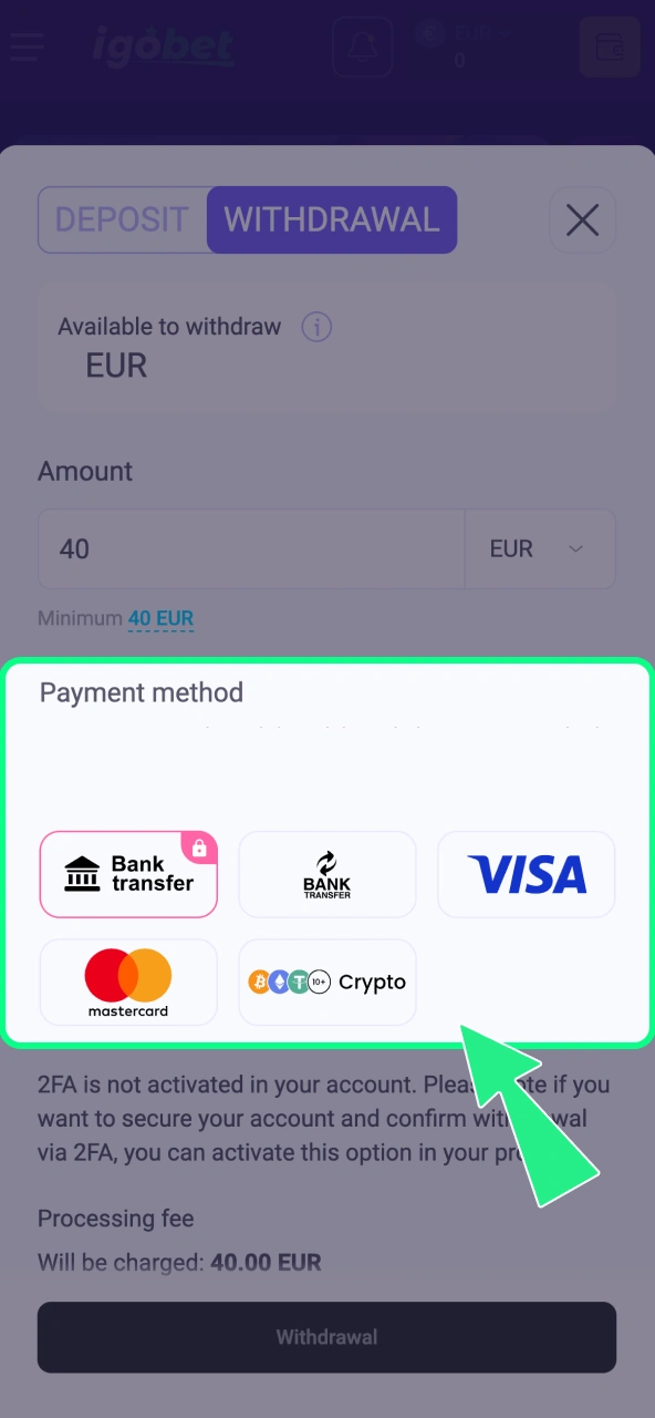 IgoBet opnamemenu toont VISA, Mastercard, bank en crypto.