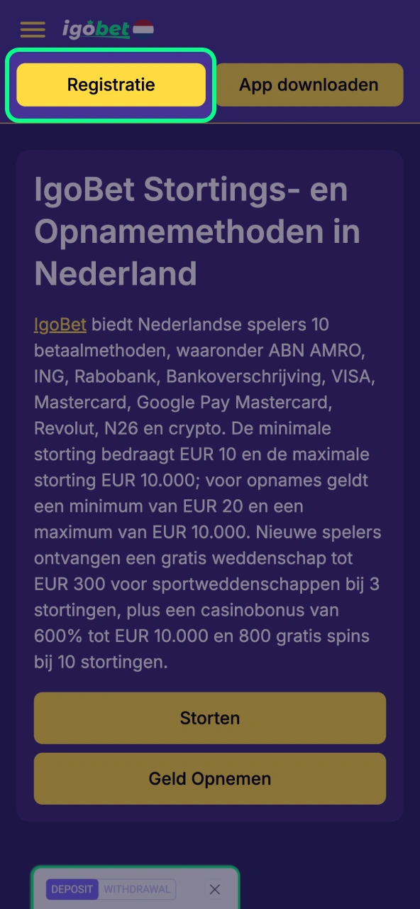 IgoBet inlogactie vraagt gebruikersnaam en wachtwoord voor toegang.