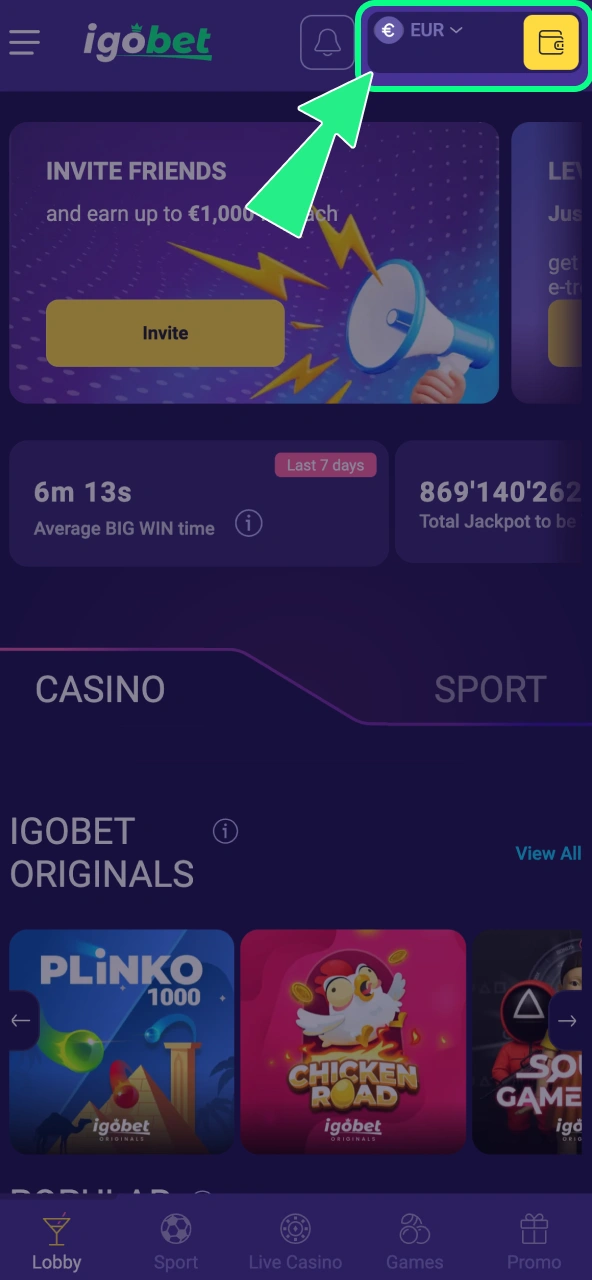Kassa bij IgoBet opent na inloggen via je profiel.
