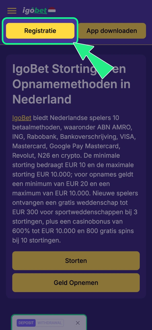 IgoBet inlogknop opent het veld voor gebruikersnaam en wachtwoord.