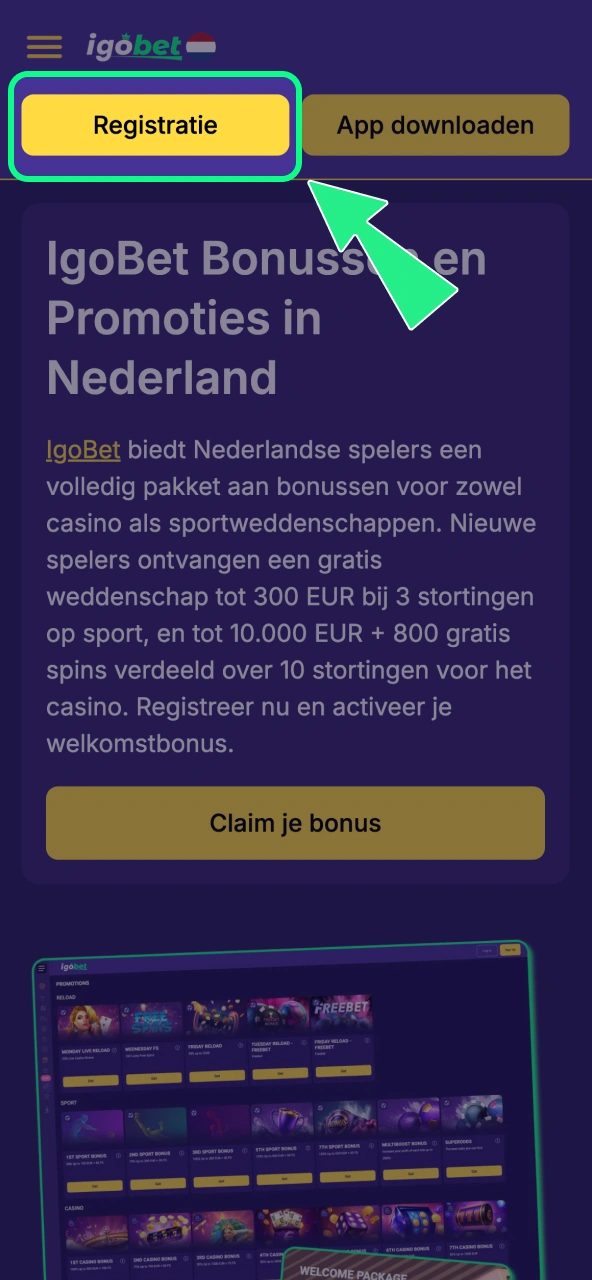 IgoBet profielregistratie start na klikken op de knop.