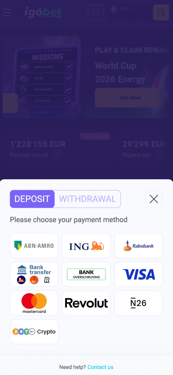 Kwalificerende storting IgoBet gebruikt iDEAL, Visa of Mastercard.