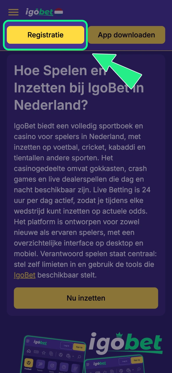 IgoBet registratieactie opent het formulier voor je nieuwe account.