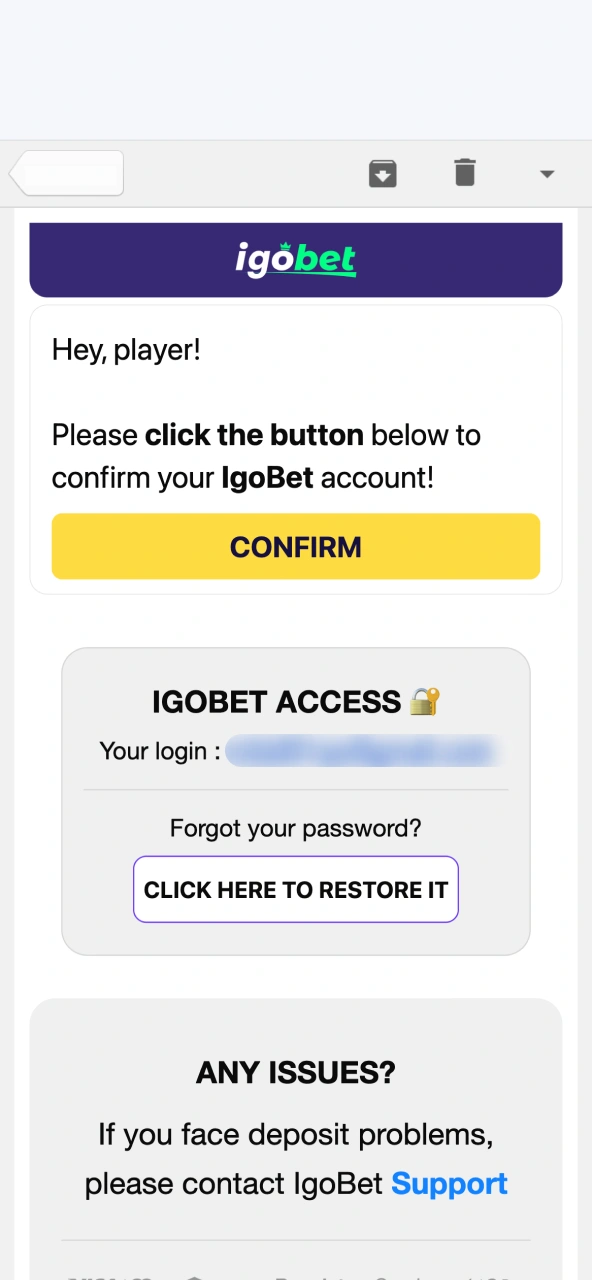 IgoBet e‑mailcontrole activeert je account na klikken.