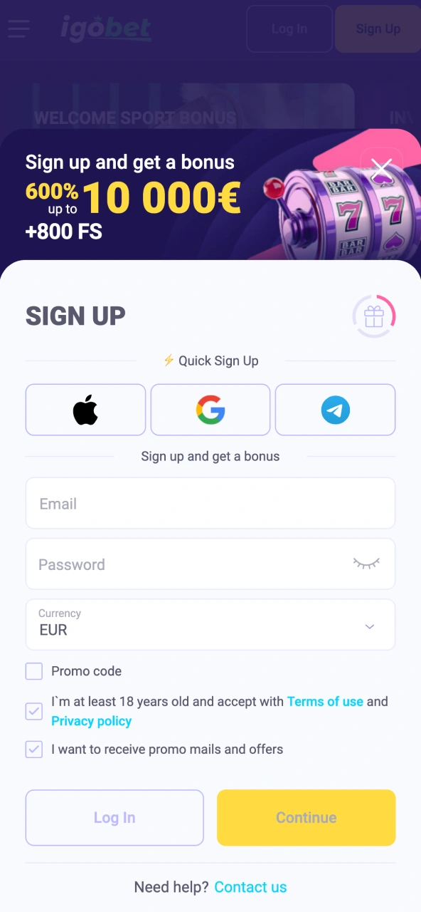 Accountregistratie IgoBet vraagt gegevens, gebruikersnaam en wachtwoord.