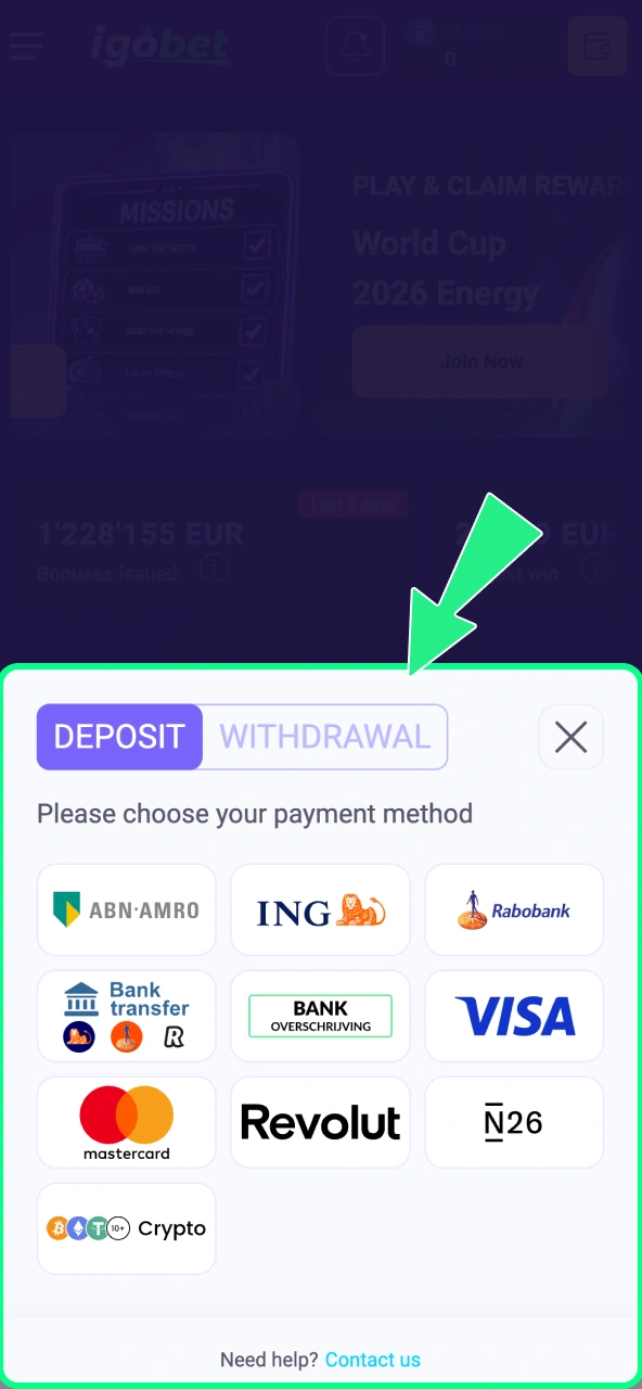 IgoBet kasmenu opent stortingsopties voor Nederlandse betaalmethoden.