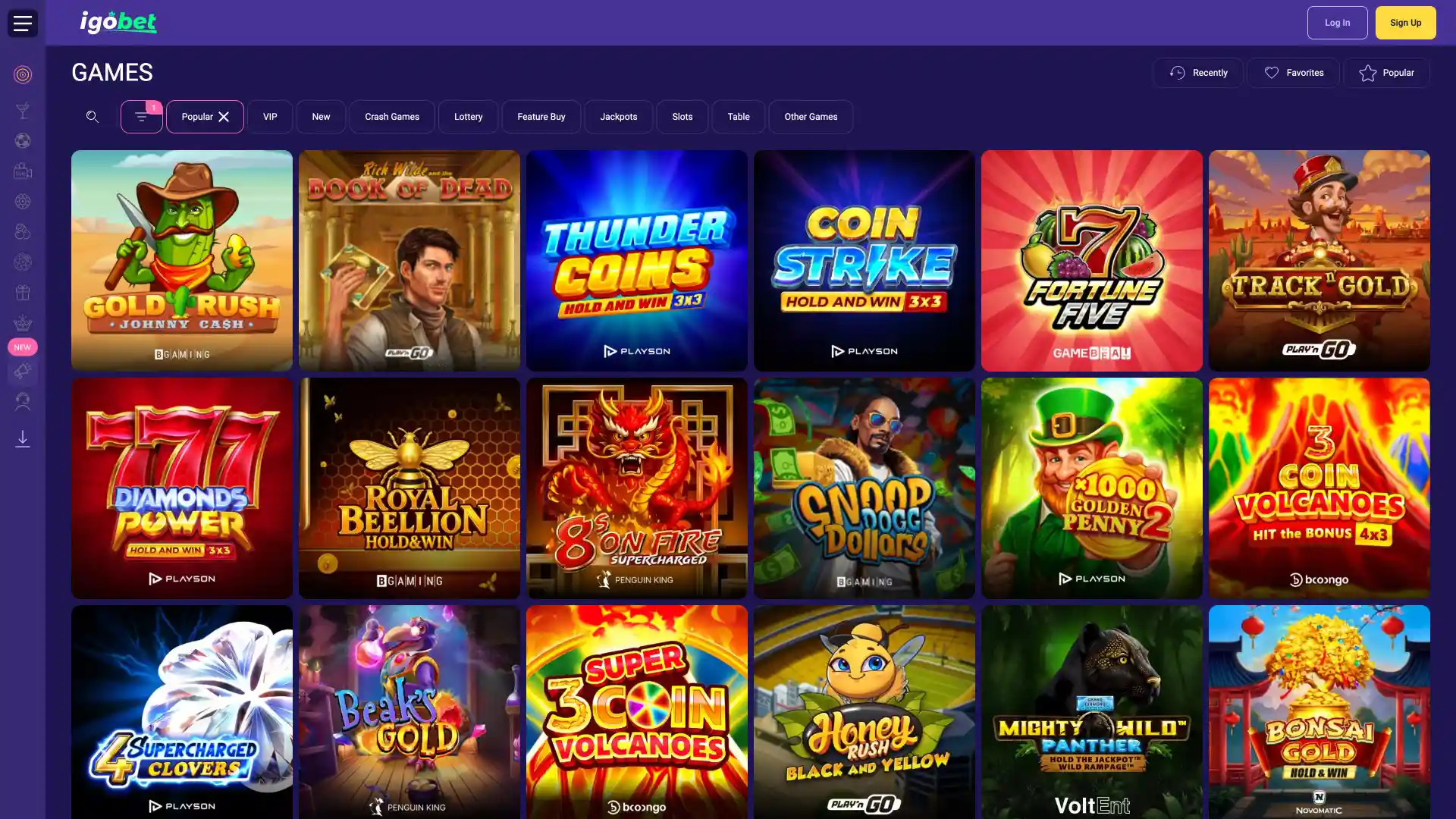 IgoBet casinovoorbeeld laat groot spelaanbod met diverse categorieën zien.