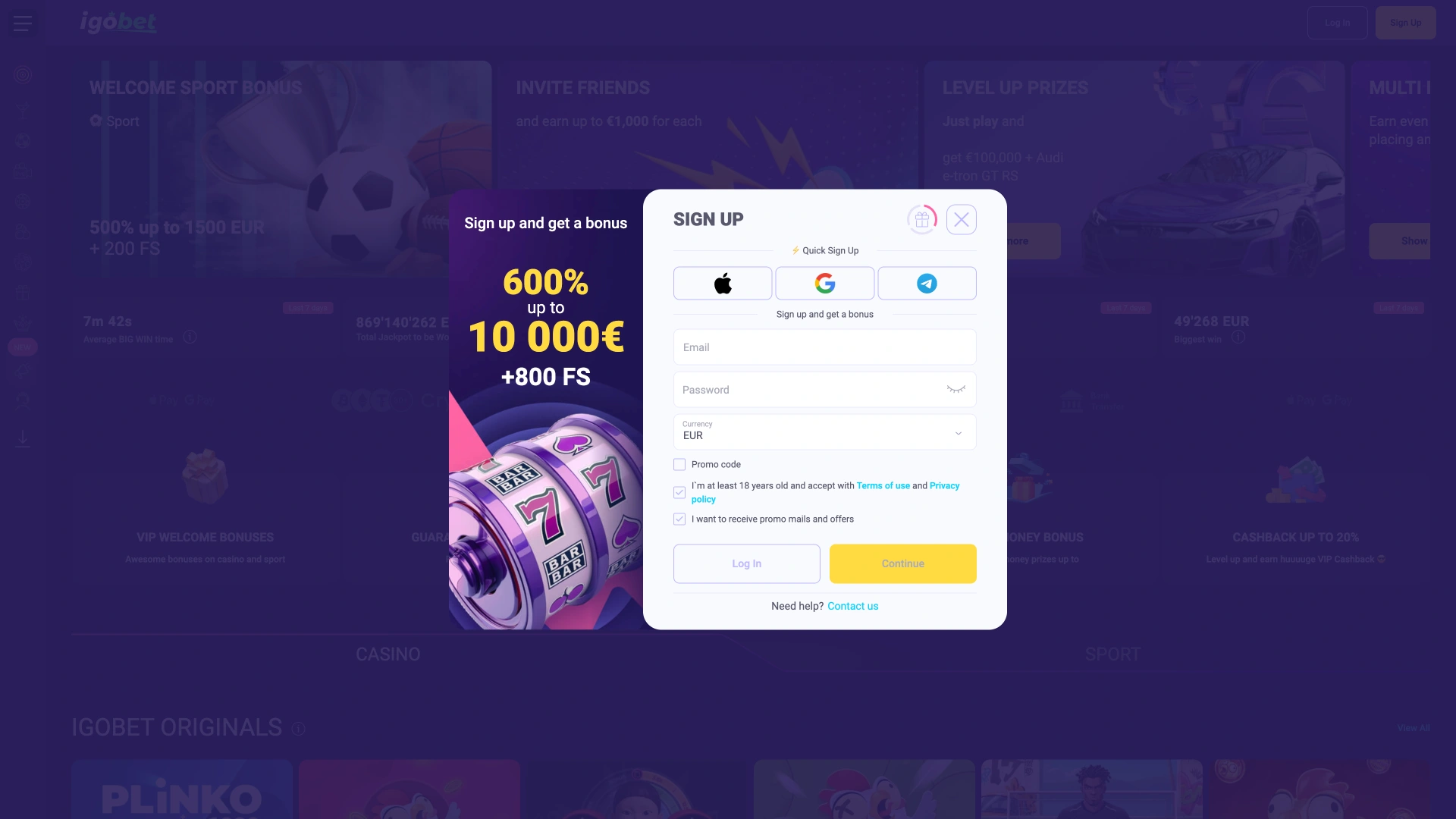 Registratievenster IgoBet opent formulier voor nieuwe accounts.