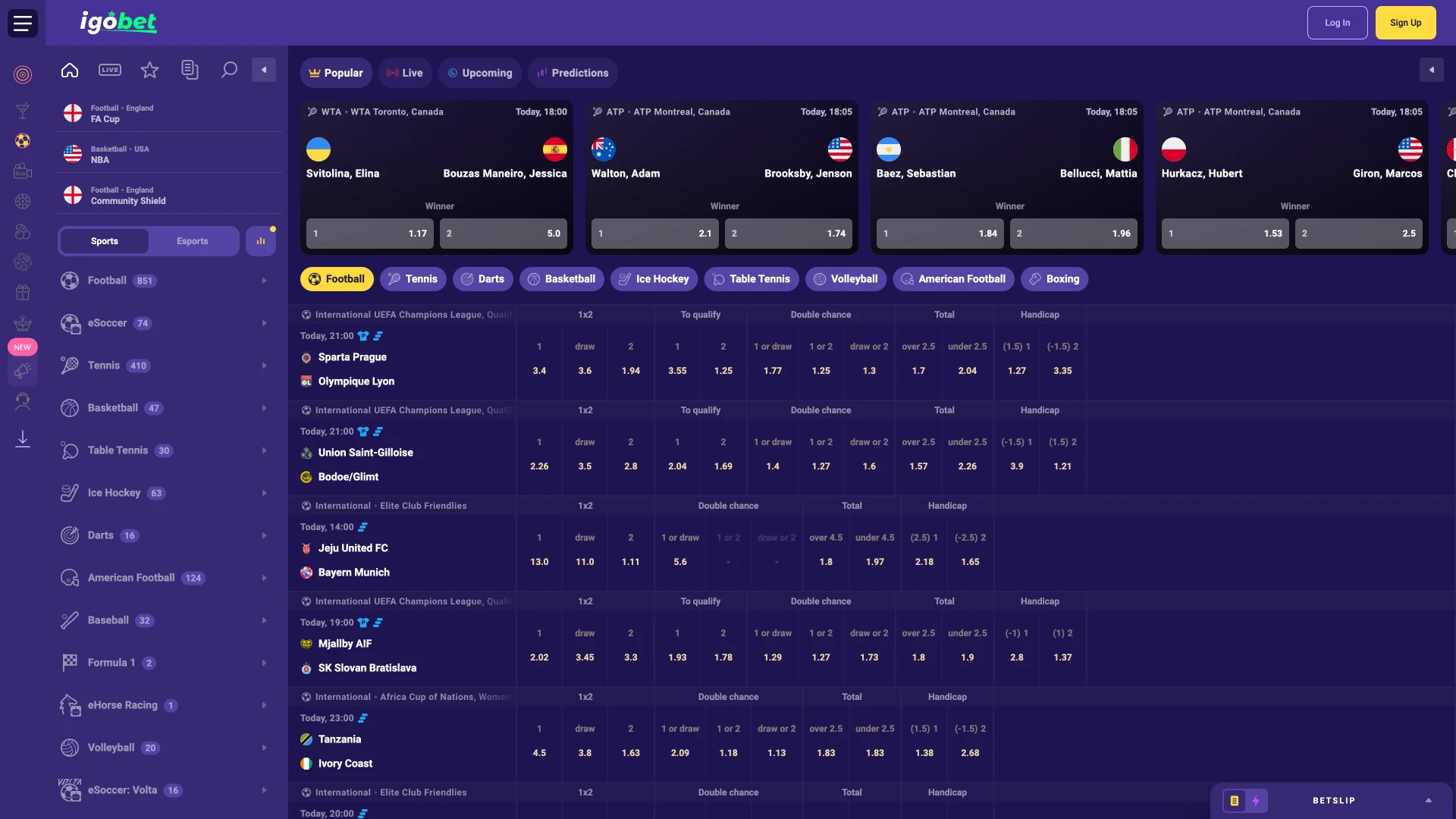 Sportsectie IgoBet biedt wedstrijden, odds en live opties.