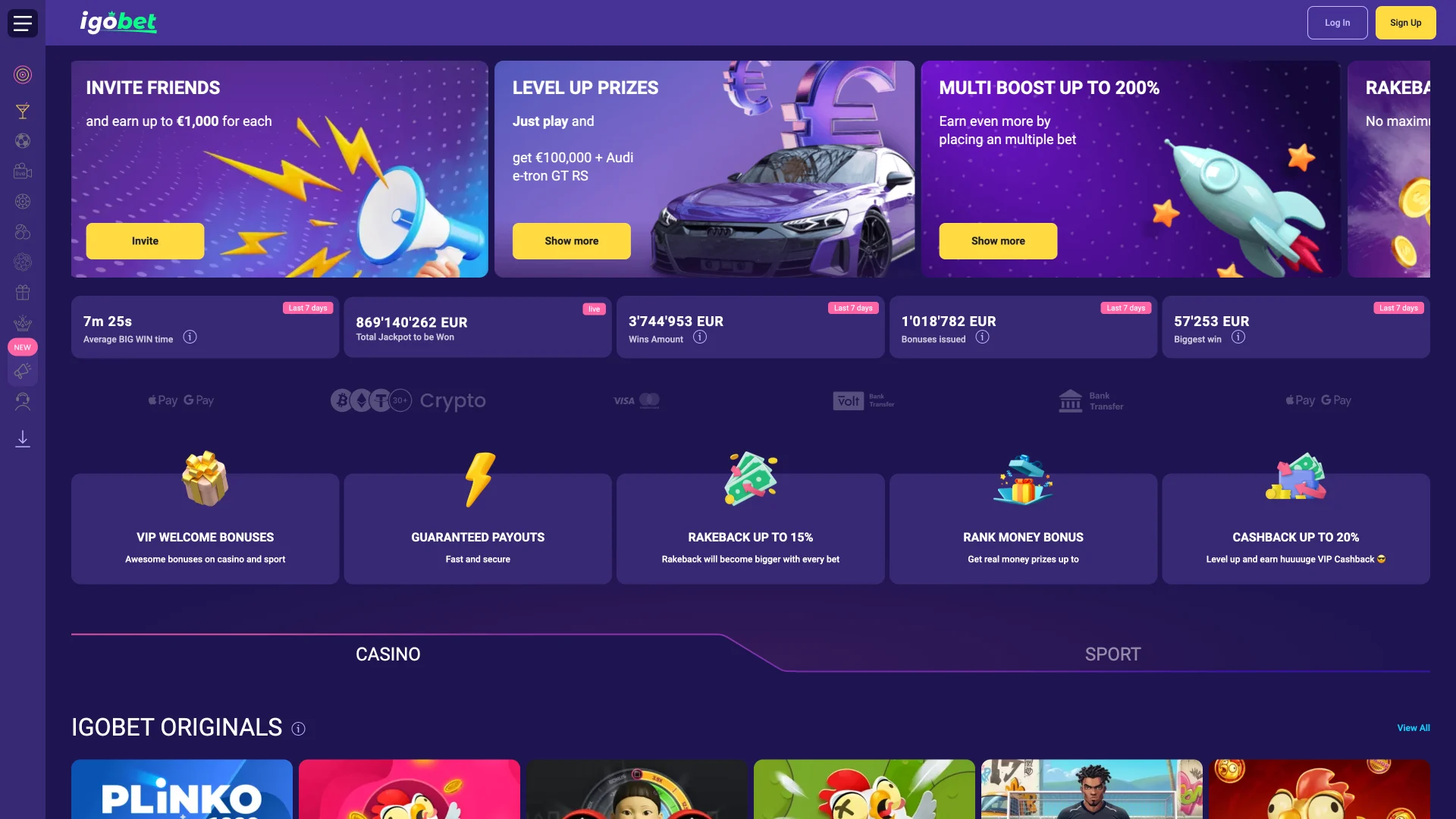 IgoBet startpagina toont hoofdmenu en snelle toegang.